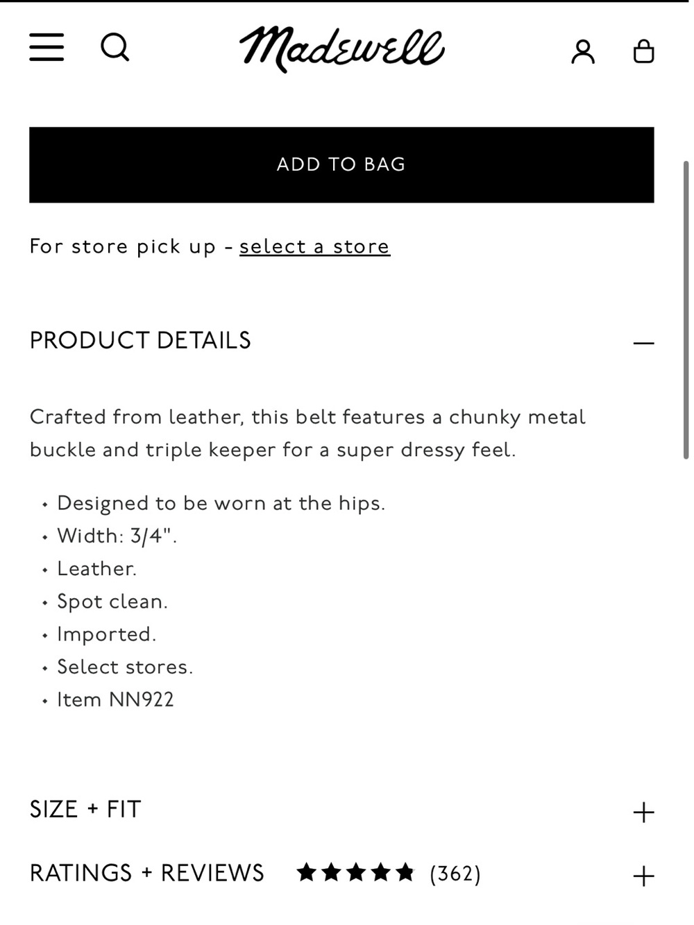 NWT: Madewell triple keeper belt in true black (M) - Picture 2 of 5